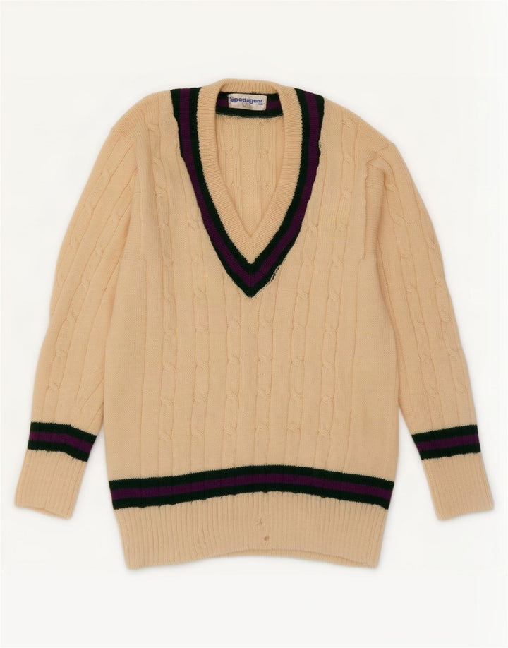 Vintage Herren-Pullover mit V-Ausschnitt, klein, Beige, Farbblock