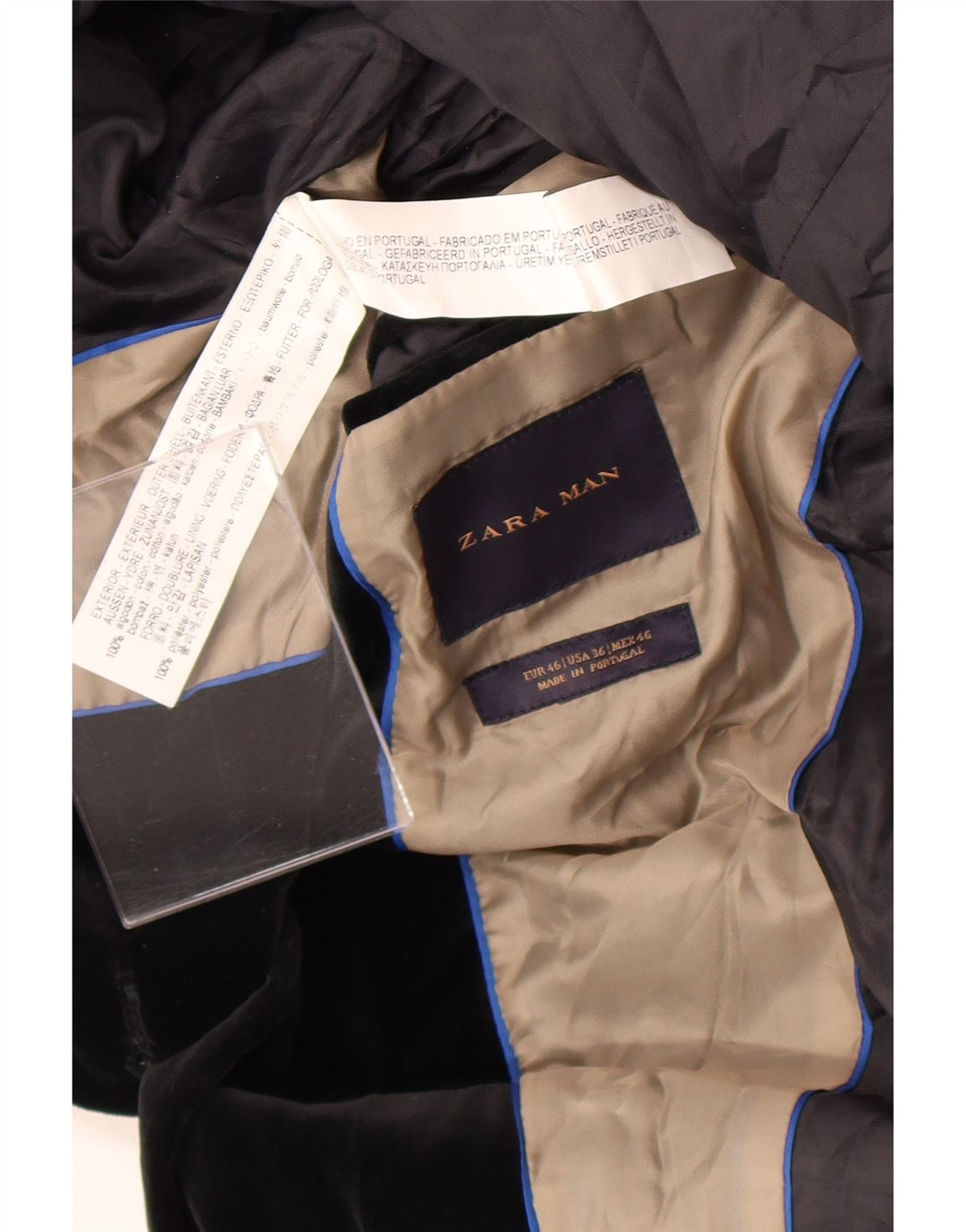Zara Herren 2-Knopf-Samt-Blazerjacke, EU 46, kleine schwarze Baumwolle