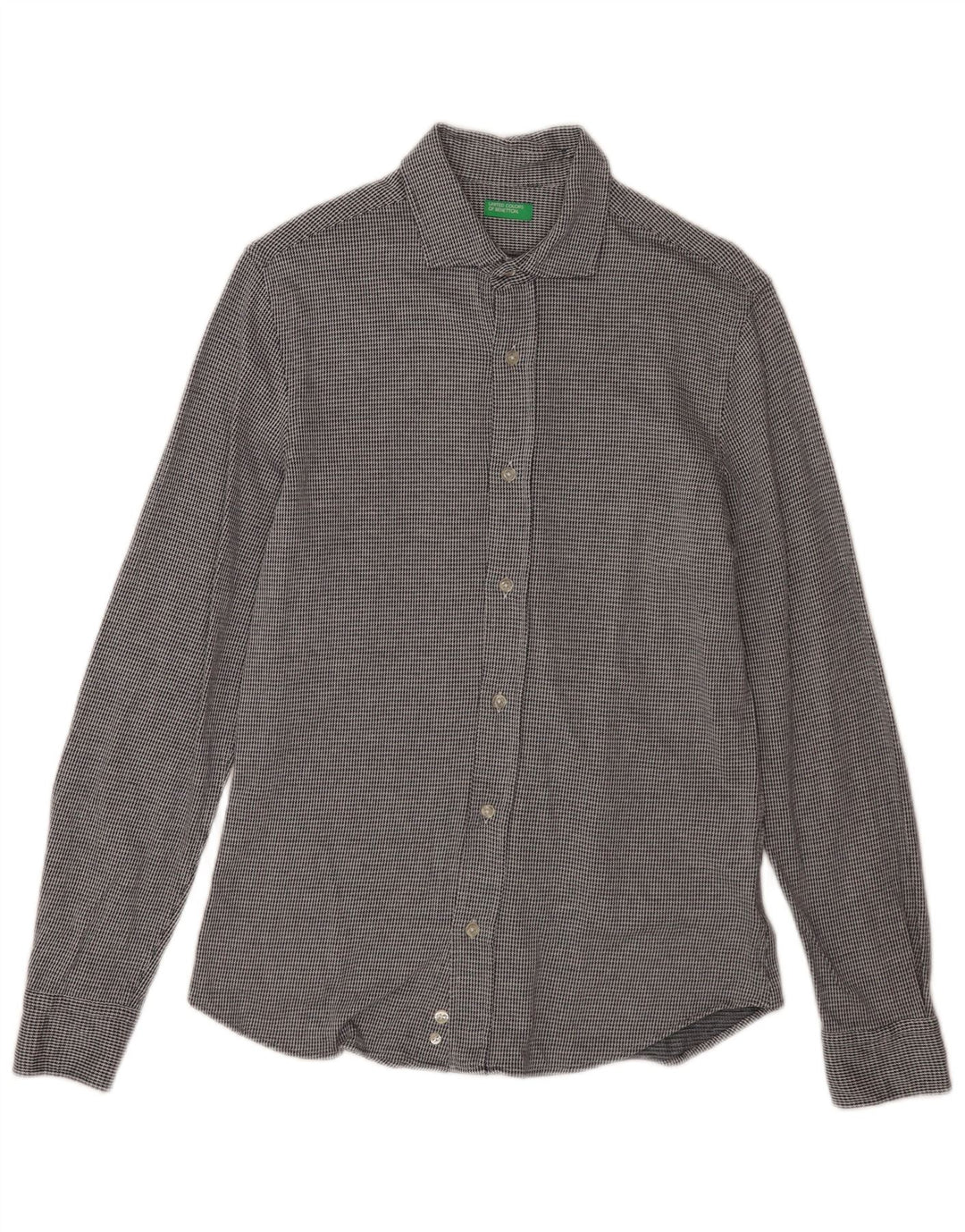 Benetton Herrenhemd aus mittelgrauer Hahnentritt-Baumwolle