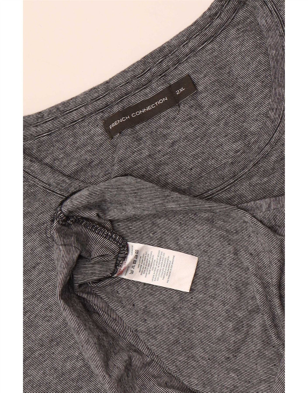 French Connection Herren-T-Shirt-Oberteil 2XL aus grauer Nadelstreifen-Baumwolle