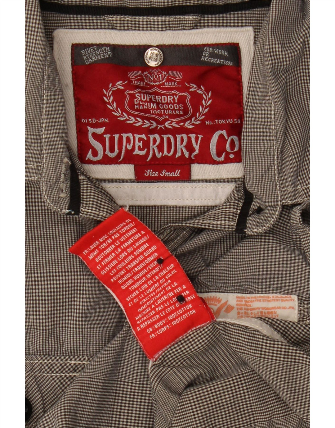 Superdry Damen-Hemd mit 3/4-Ärmeln, Größe S, Grau, Hahnentrittmuster, Baumwolle