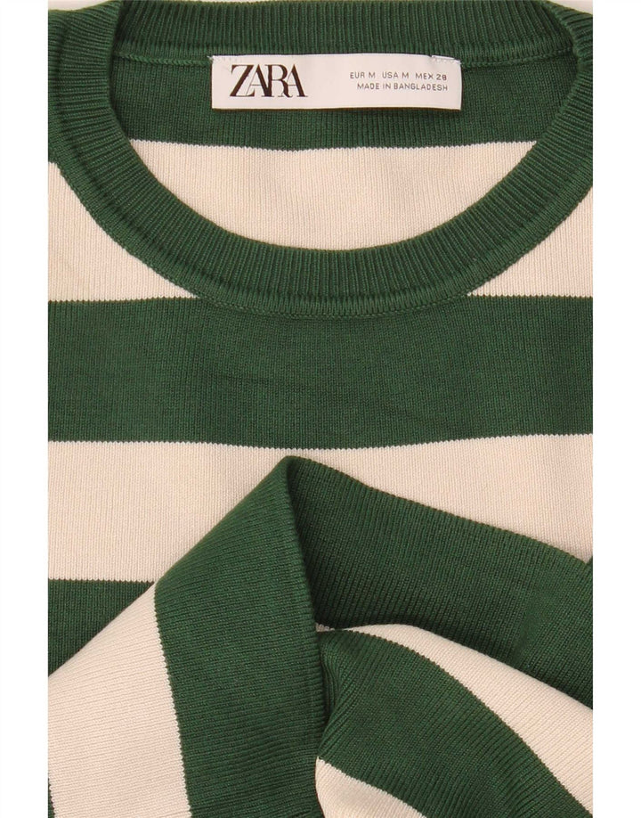 Zara Damen Crop Top Langarm UK 12 Mittelgrün gestreift