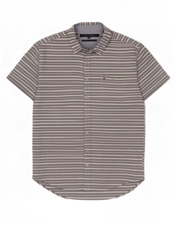 Tommy Hilfiger Herren Kurzarm-Hemd mit individueller Passform, 2XL, graue Nadelstreifen-Baumwolle