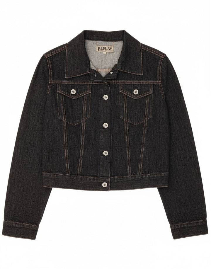 Replay Damen Crop Denim Jacke UK 14 Große schwarze Baumwolle