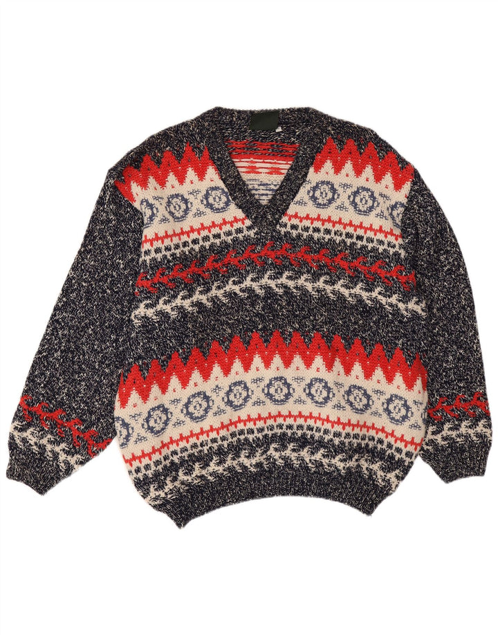 Vintage Herren V-Ausschnitt Pullover Pullover Groß Marineblau Fair Isle