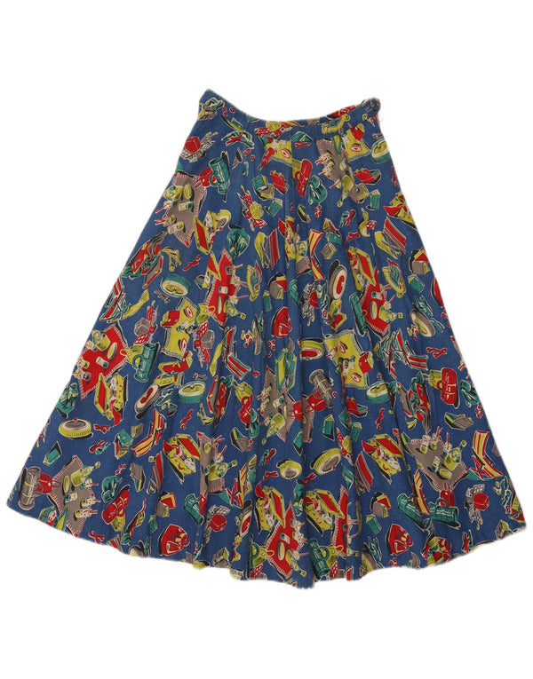 Vintage Damen Faltenrock mit abstraktem Muster, ausgestellt, W24 XS, Blau