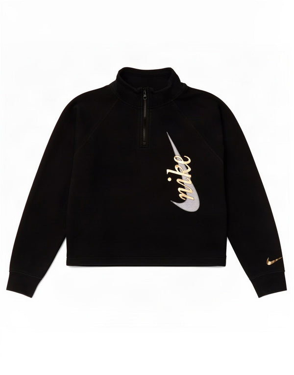 Nike Damen Crop Graphic Zip Neck Sweatshirt Pullover UK 14 Medium Schwarz