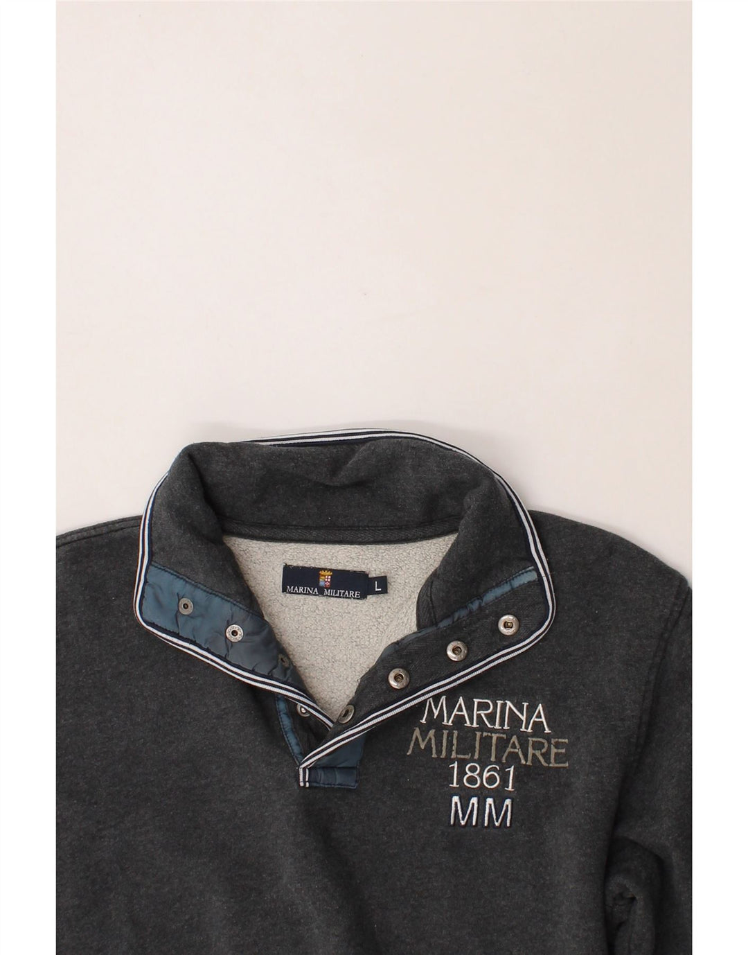 MARINA MILITARE Mens Graphic Button Neck Sweatshirt Jumper Large Grey Vintage Marina Militare and Second-Hand Marina Militare from Messina Hembry 