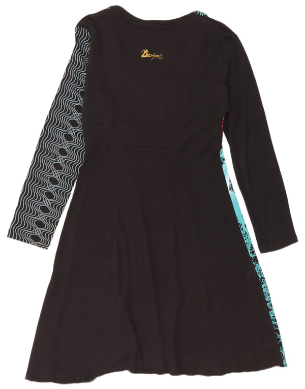 Desigual Damen Langarm-Grafik-A-Linien-Kleid UK 18 XL Schwarz Patchwork