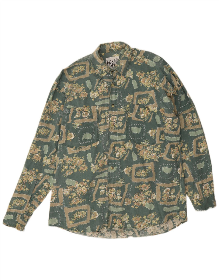 Vintage Herrenhemd Mittelgrüne Baumwolle mit Blumenmuster