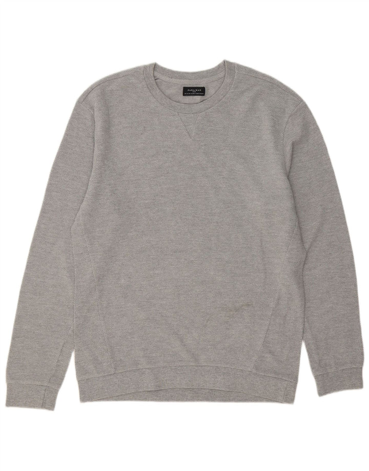 Zara Herren-Pullover mit Rundhalsausschnitt, XL, graue Baumwolle