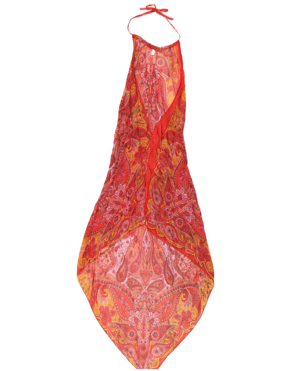 Vintage Damen Neckholder Asymmetrisches Kleid UK 8 Kleine rote Paisley-Seide