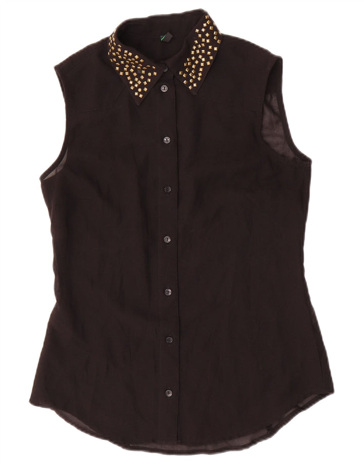 Benetton Damen ärmellose Hemdbluse UK 10 Small Schwarz