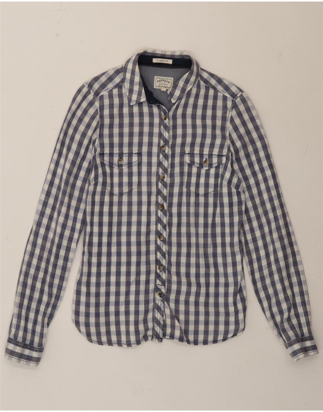 Fat Face Damen-Hemd mit klassischer Passform, UK 12, mittelblaue Gingham-Baumwolle