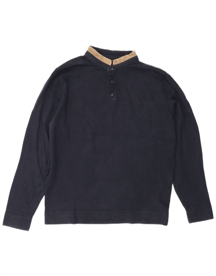 Massimo Dutti Herren-Pullover mit Knopfkragen, groß, marineblaue Baumwolle