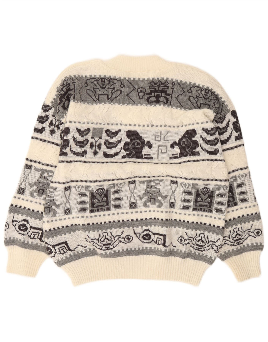 Vintage Herren Pullover mit V-Ausschnitt, groß, cremefarben, geometrisch