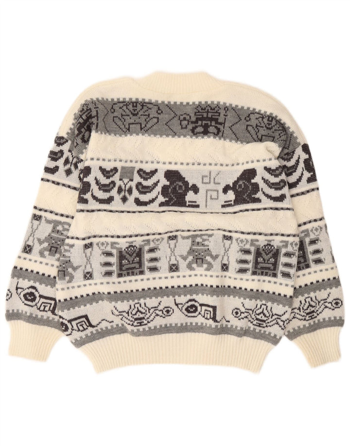 Vintage Herren Pullover mit V-Ausschnitt, groß, cremefarben, geometrisch