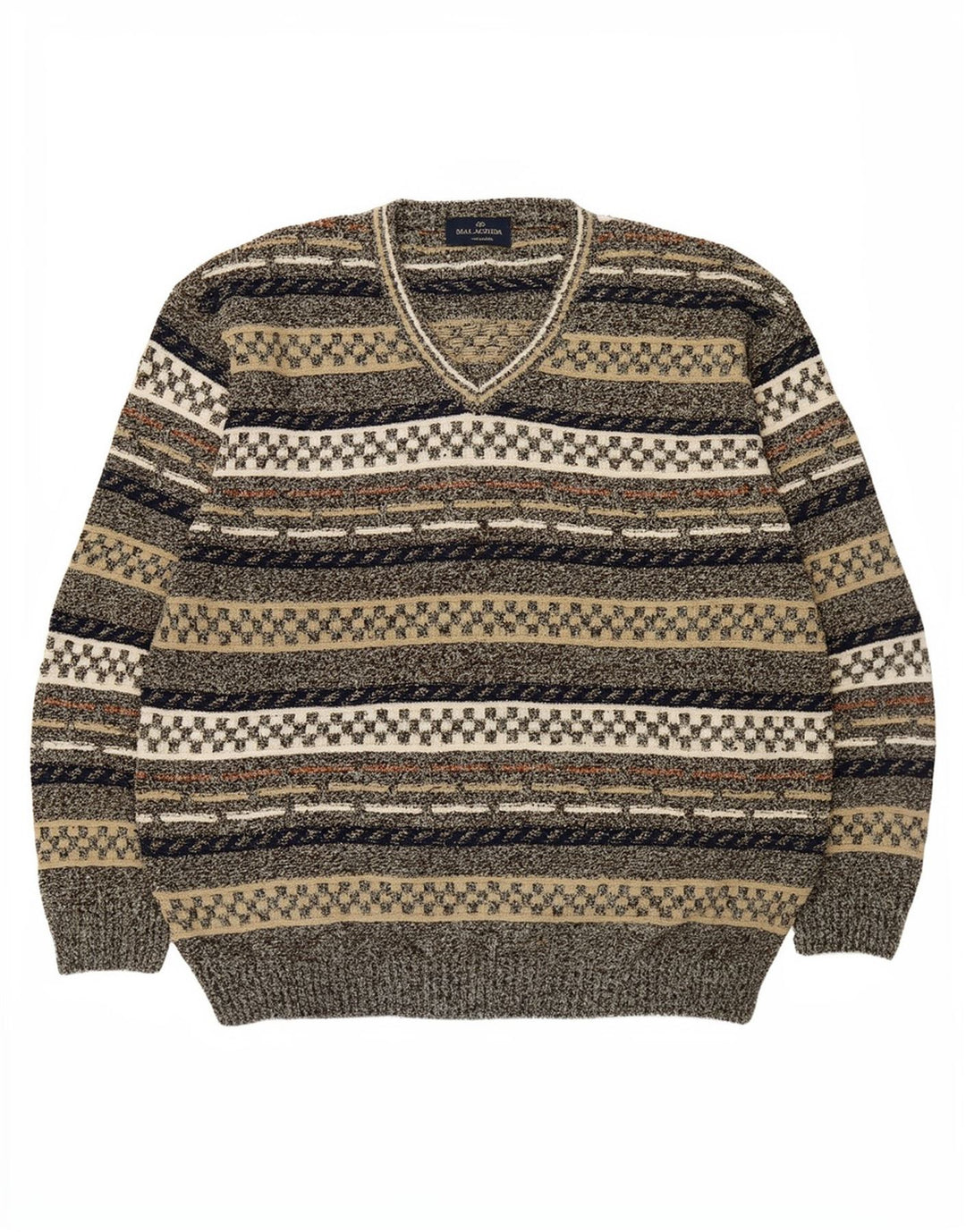 Malagrida Herren-Pullover mit V-Ausschnitt, XL, mehrfarbig, geometrisch, Baumwolle