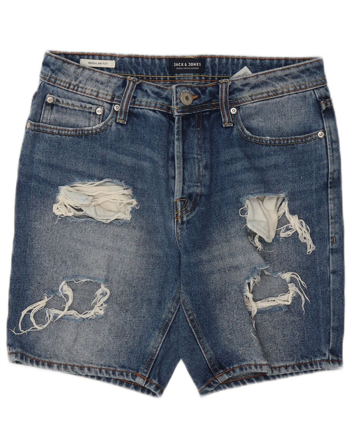 Jack & Jones Herren-Jeansshorts im Used-Look, normale Passform, Größe S, W28, Blau, Baumwolle