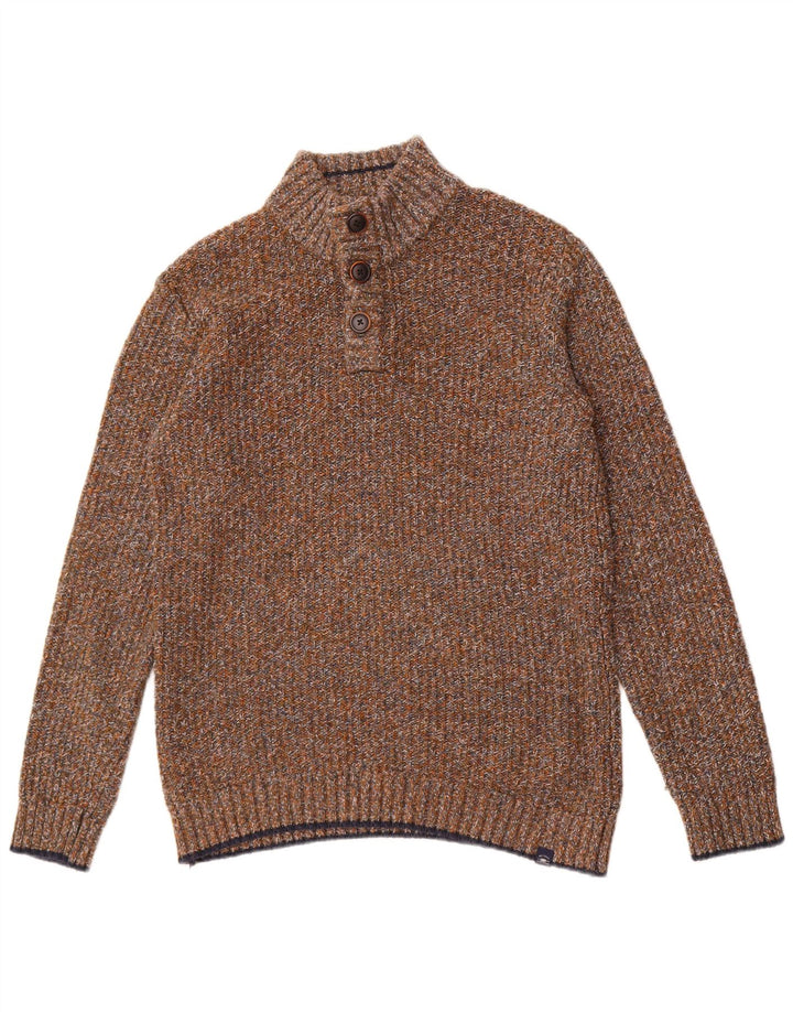 Fat Face Herren-Pullover mit Knopfkragen, mittelbraun gesprenkelte Baumwolle