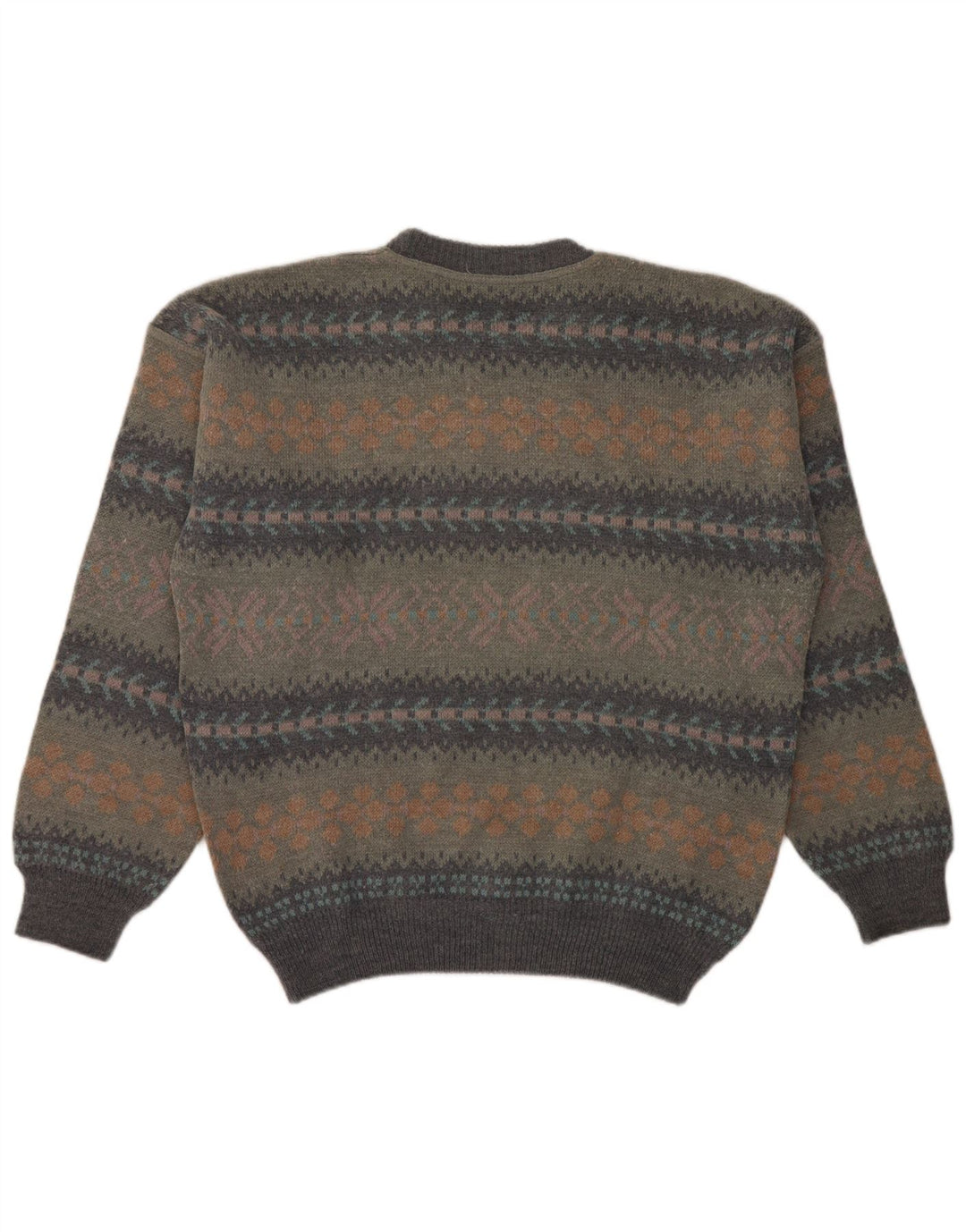 Vintage Herren-Pullover mit Rundhalsausschnitt, groß, graue Fair-Isle-Wolle