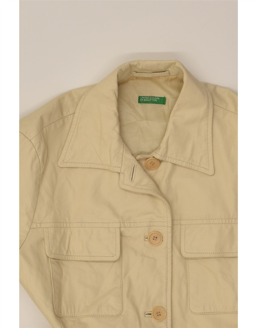 BENETTON Womens Leather Jacket UK 14 Medium Beige Leather | Vintage Benetton | Thrift | Second-Hand Benetton | Used Clothing | Messina Hembry 