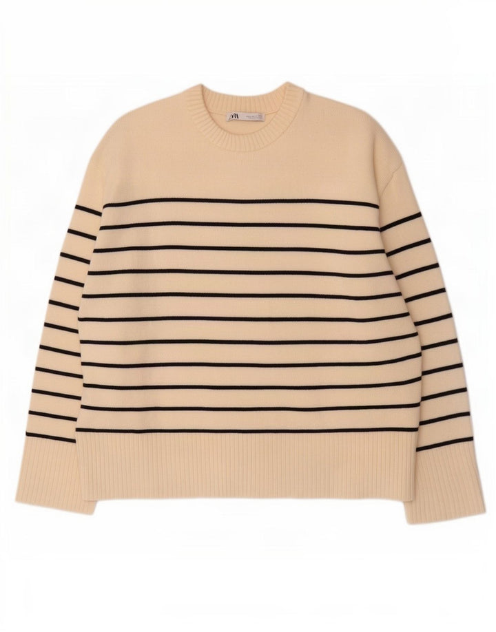 Zara Damen-Pullover mit Rundhalsausschnitt, Gr. 14, Mittel, gebrochenes Weiß, gestreift