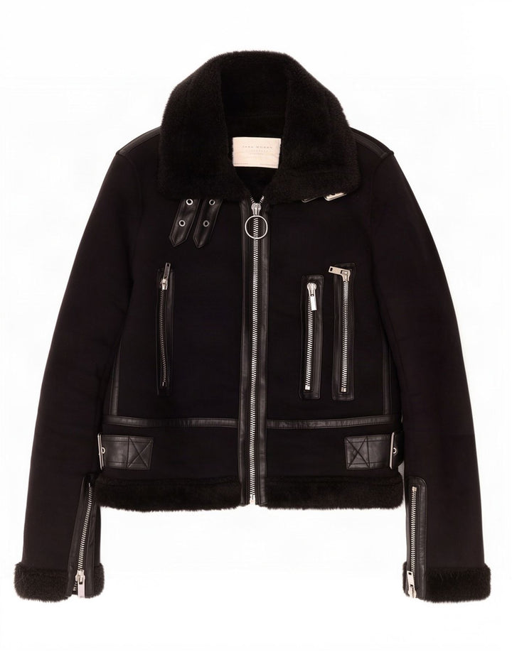 Zara Damen Sherpa Jacke UK 6 XS Schwarz Polyester