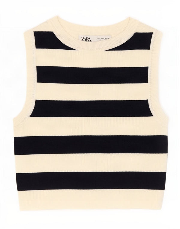 Zara Damen Crop Vest Top UK 12 Medium Beige Gestreifte Viskose