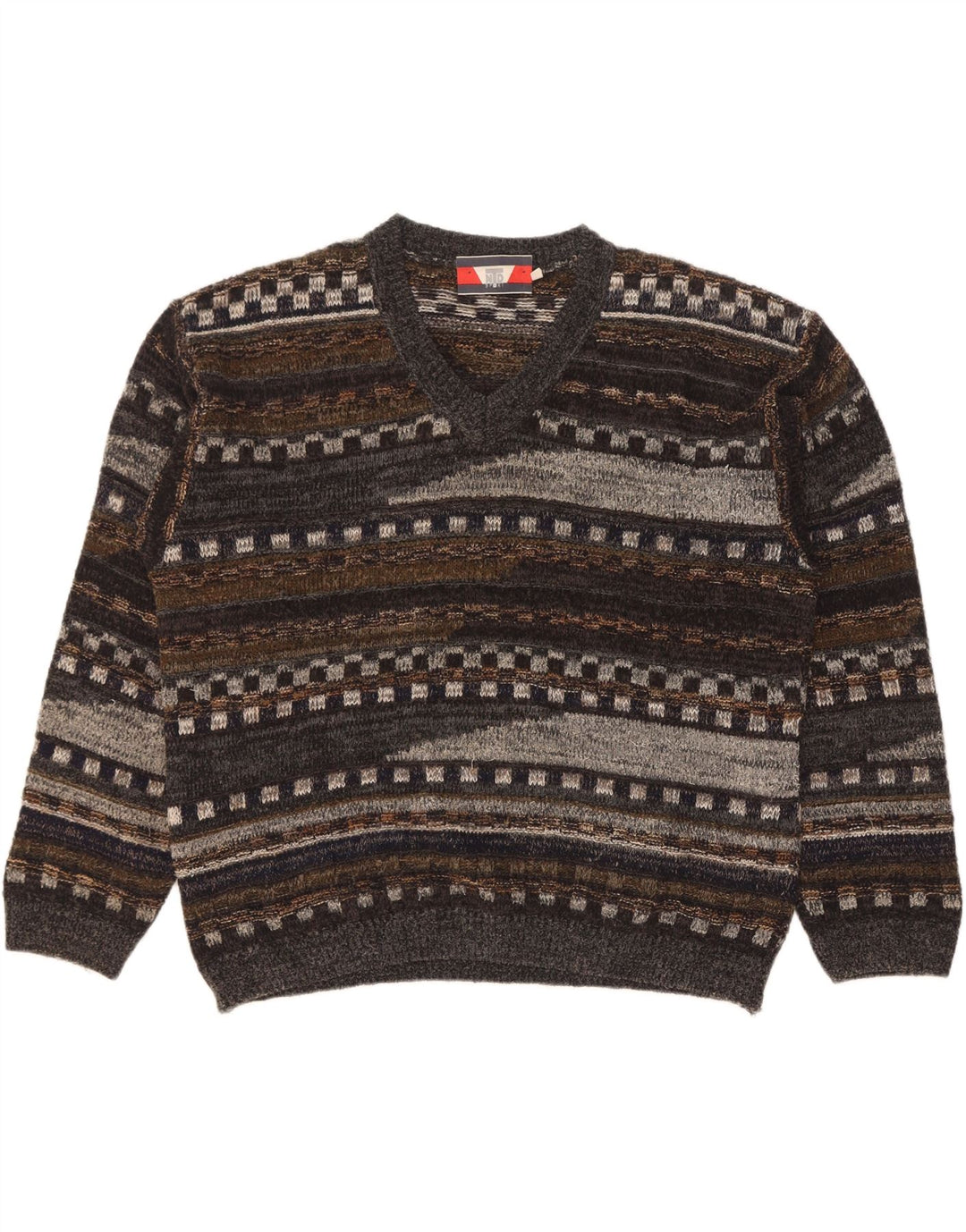 Vintage Herren V-Ausschnitt Pullover Pullover Große graue geometrische Wolle