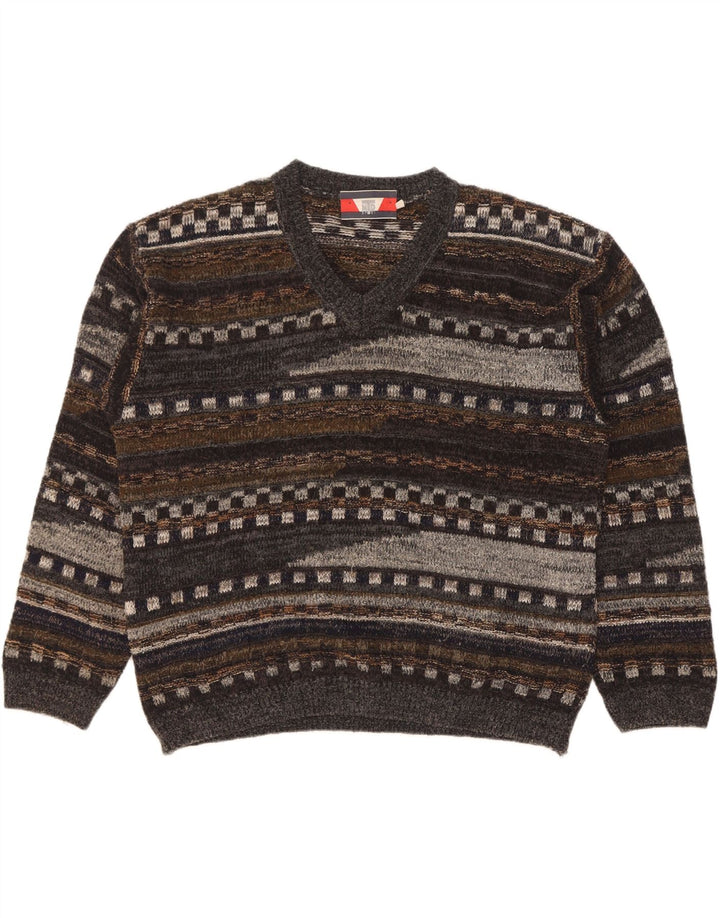 Vintage Herren V-Ausschnitt Pullover Pullover Große graue geometrische Wolle