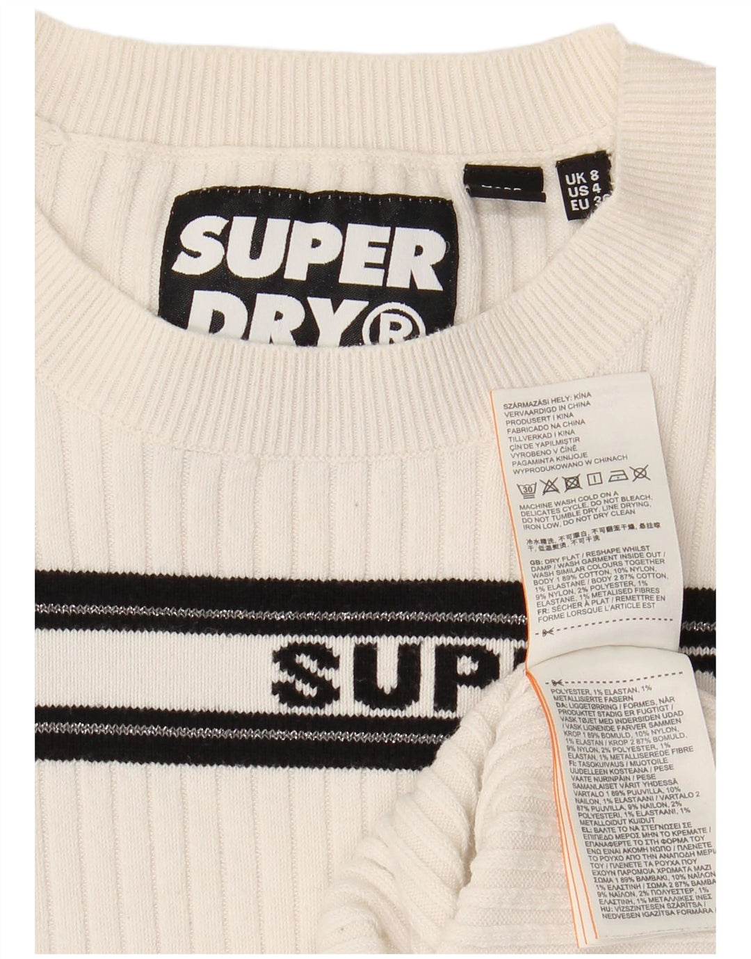 SUPERDRY Damen-Pullover mit grafischem Rundhalsausschnitt, Gr. 8, Größe S, weiß gestreift