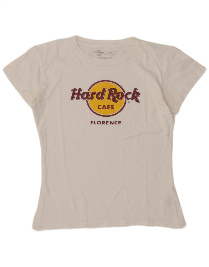 Hard Rock Cafe Damen Florence Graphic T-Shirt Top UK 12 Medium Weiß