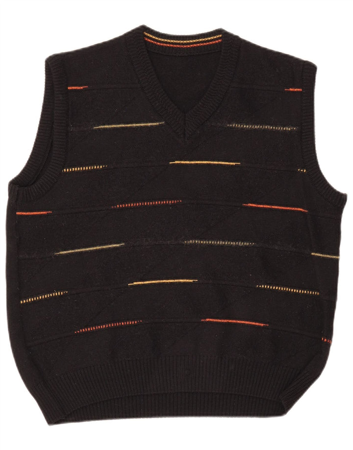 VINTAGE Damen Weste Tank Top UK 14 Große schwarz gestreifte Wolle