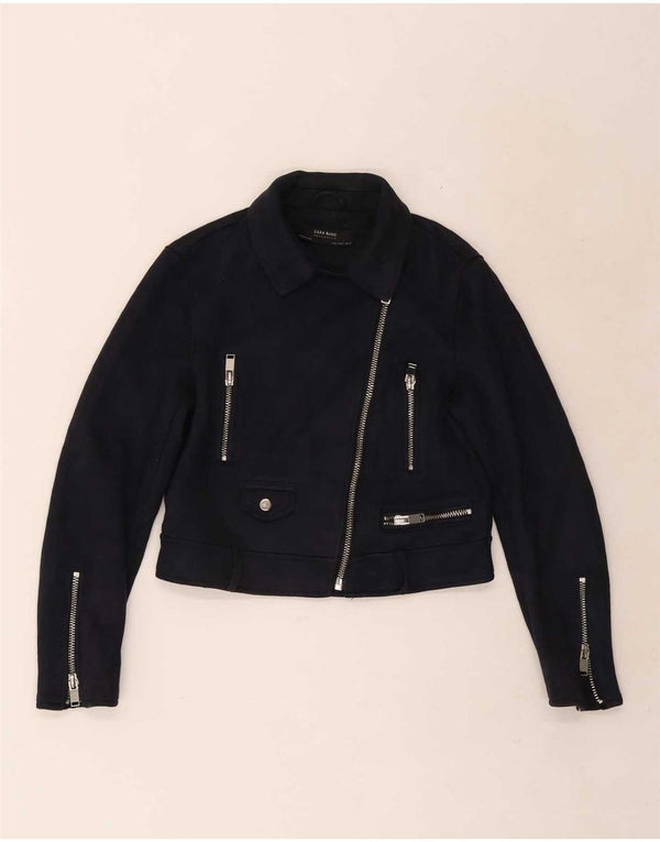 Zara Damen Crop Bikerjacke UK 10 Small Navy Blue