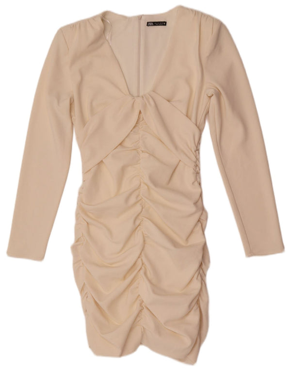 Langärmliges, figurbetontes Kleid von Zara für Damen, Größe 44, aus cremefarbenem Polyester
