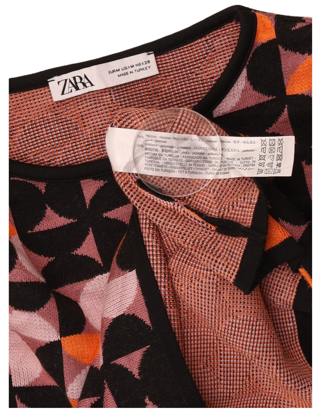 Zara Damen Crop Top Langarm UK 12 Medium Mehrfarbig Geometrisch