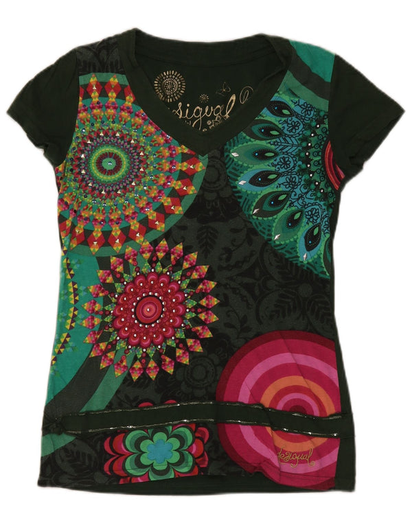 Desigual Damen Grafik T-Shirt Top UK 12 Mittelgrün Paisley