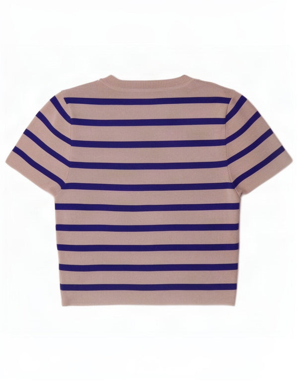 Zara Damen Pullover mit bauchfreiem U-Boot-Ausschnitt, Gr. 12, mittelweiß gestreift