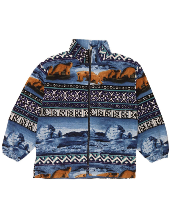 Vintage Herren Fleecejacke mit abstraktem Muster UK 38 Mittelblau Retro