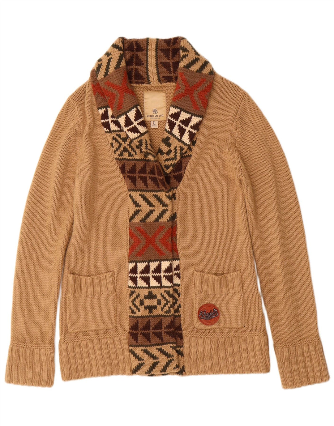 KHUJO Damen-Cardigan-Pullover UK 16 Large Beige Geometrisches Acryl
