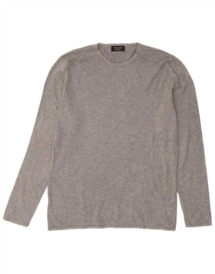 Zara Herren-Pullover mit Rundhalsausschnitt, mittelgrau gefleckte Viskose