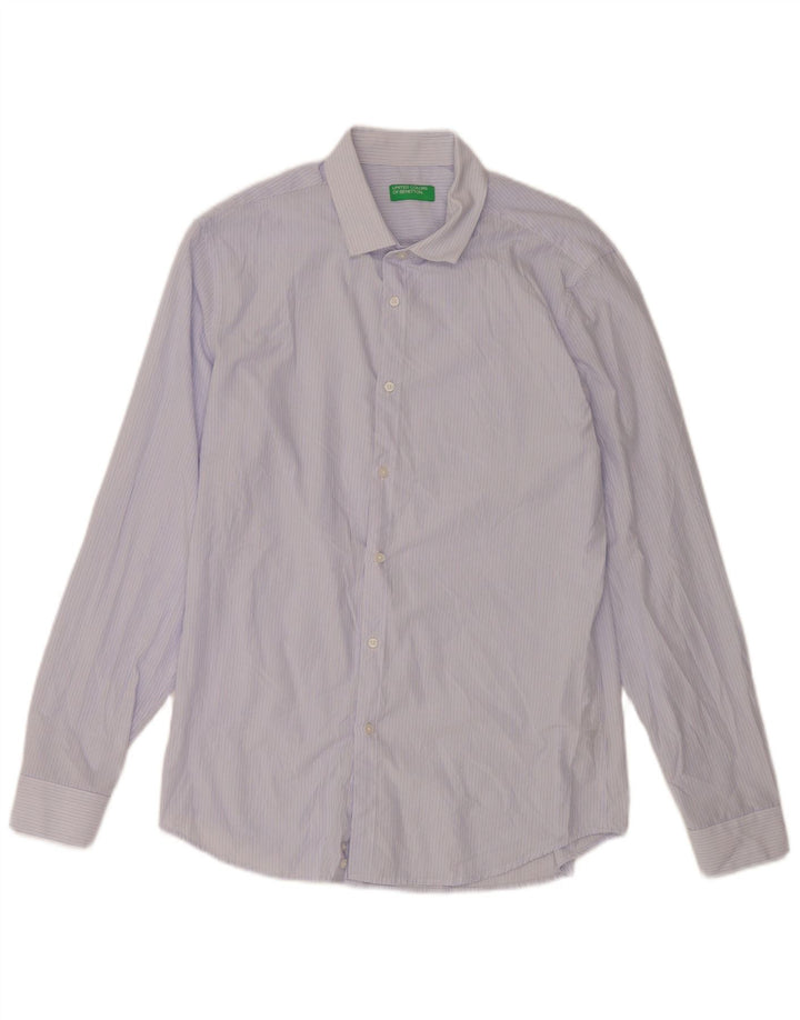 Benetton Herren-Hemd, groß, blaue Nadelstreifen-Viskose