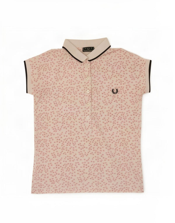 Fred Perry Damen Crop Poloshirt UK 10 Small Weißes Blumenmuster aus Baumwolle