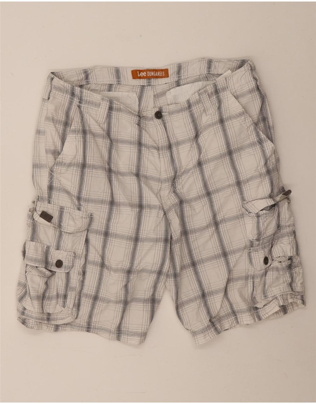 Lee Herren Latzhose Cargoshorts W38 XL weiß karierte Baumwolle