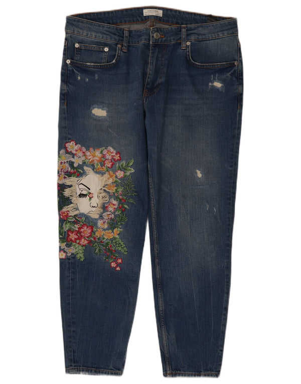 Zara Damen Graphic Straight Jeans EU 42 Large W32 L27 Blau geblümte Baumwolle
