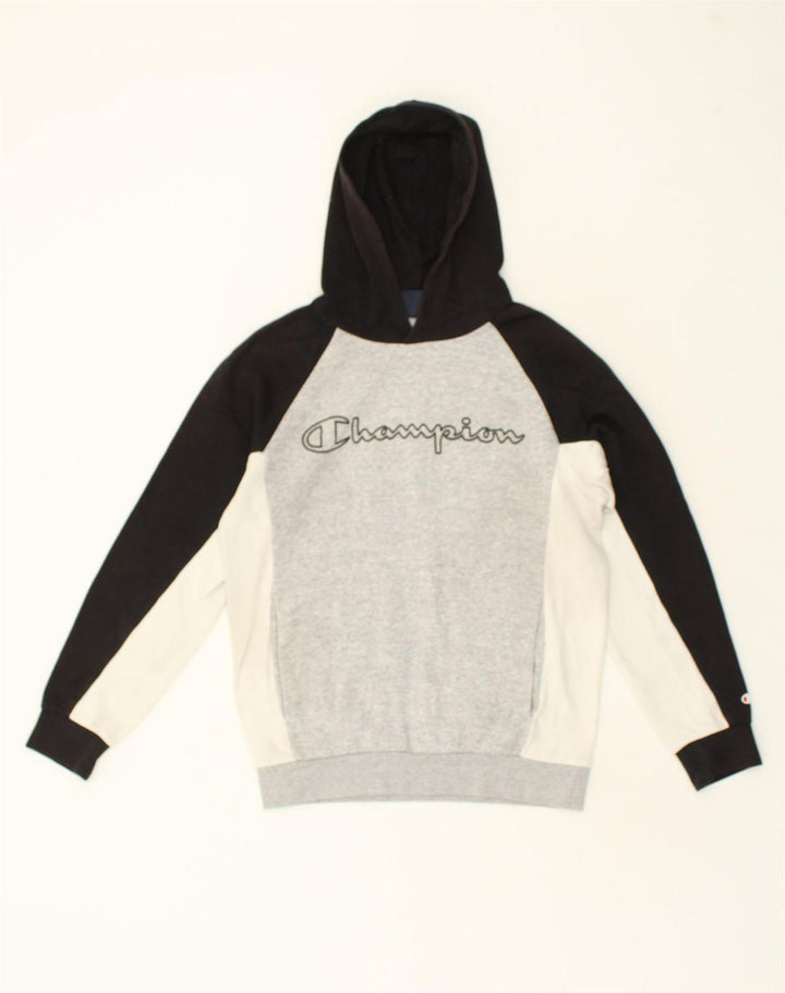 CHAMPION Mens Graphic Hoodie Jumper Small Grey Colourblock | Vintage Champion | Thrift | Second-Hand Champion | Used Clothing | Messina Hembry 
