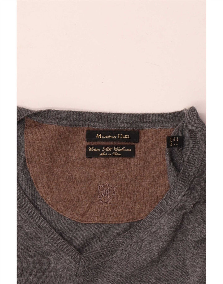 Massimo Dutti Herren-Pullover mit V-Ausschnitt, groß, grau, Baumwolle, klassisch