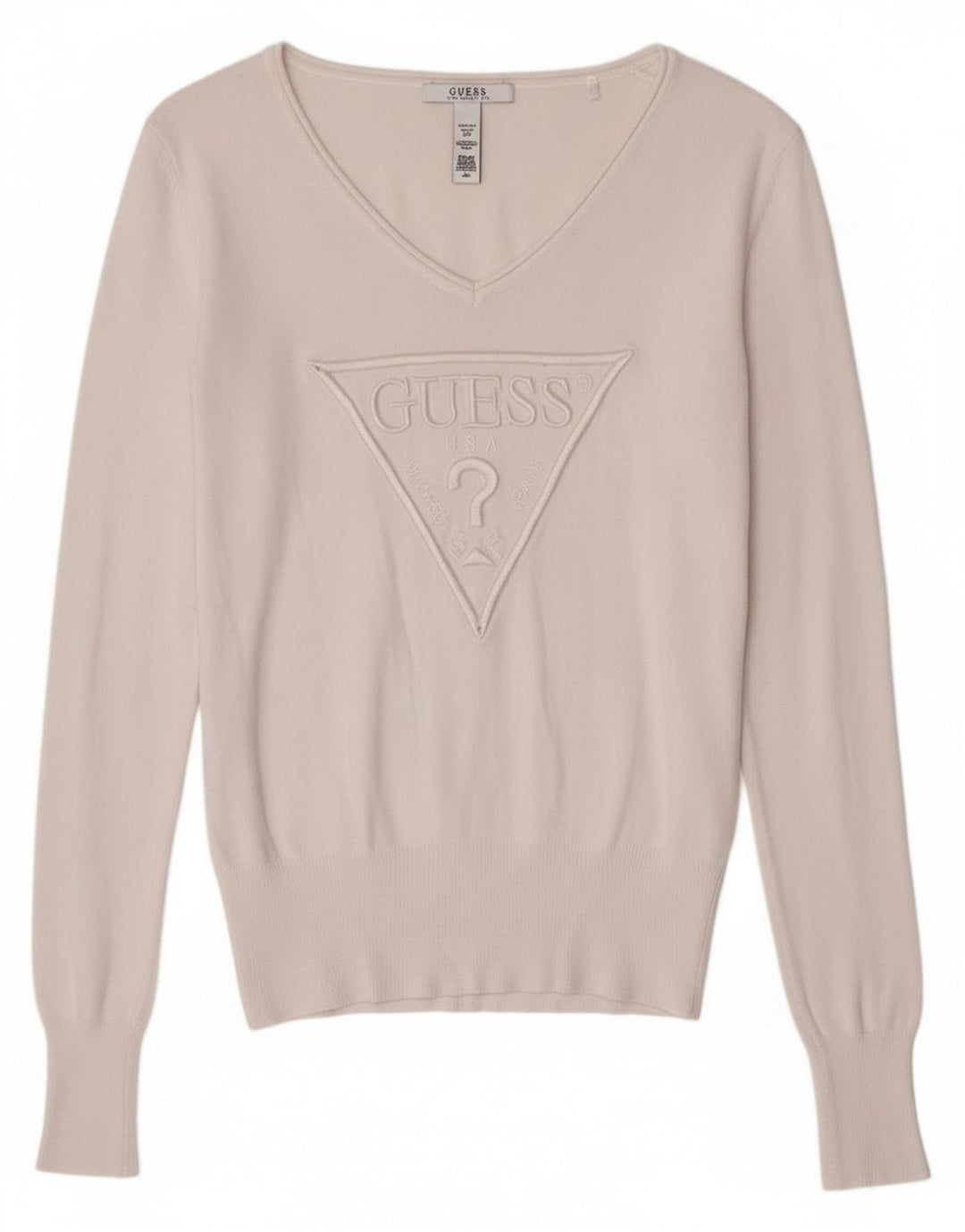 Guess Damen-Pullover mit grafischem Grafik-V-Ausschnitt, Gr. 4, XS, Weiß, klassisch