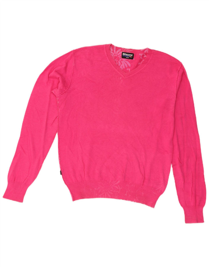Blauer Damen-Pullover mit V-Ausschnitt, UK 14, mittelrosa, Baumwolle